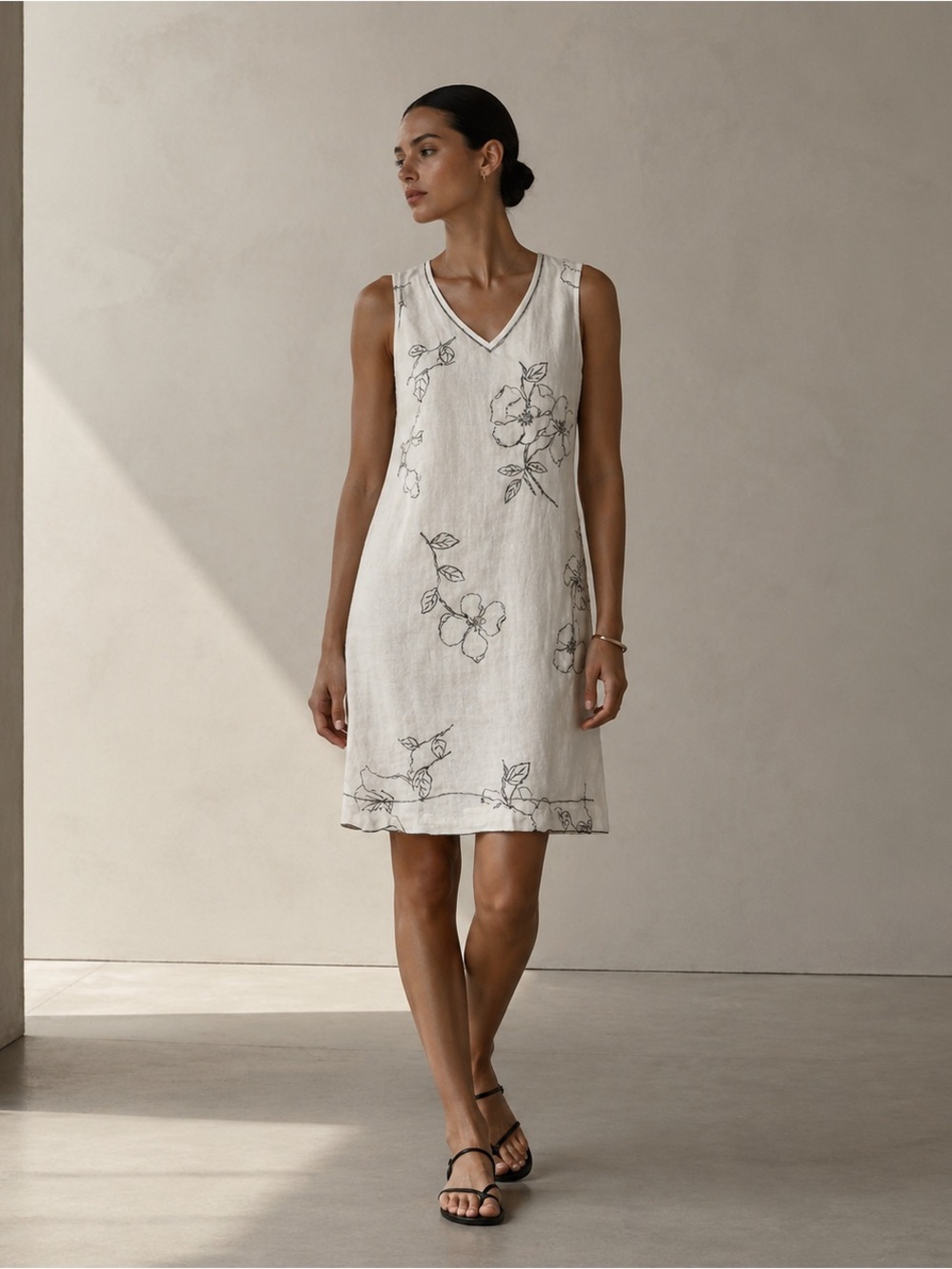 🌸 Vintage Norton McNaughton White 100% Linen Floral Midi Dress | M | Sleeveless
